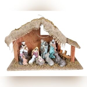 Rustic Wooden Christmas Nativity Manger 10 Piece Set with 9 Porcelain Figures